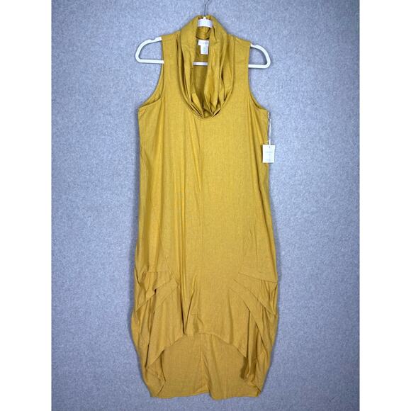Cynthia Rowley Dress Medium Mustard Linen Cowl Hi Lo Lagenlook‎ Coastal Grandma - Picture 1 of 12